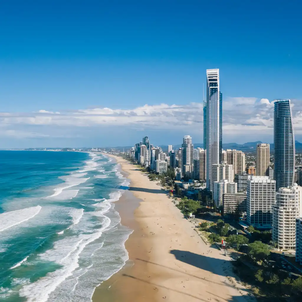 Surfers Paradise Beach Gold Coast aerial view with sandy shore, turquoise waves and city skyline
