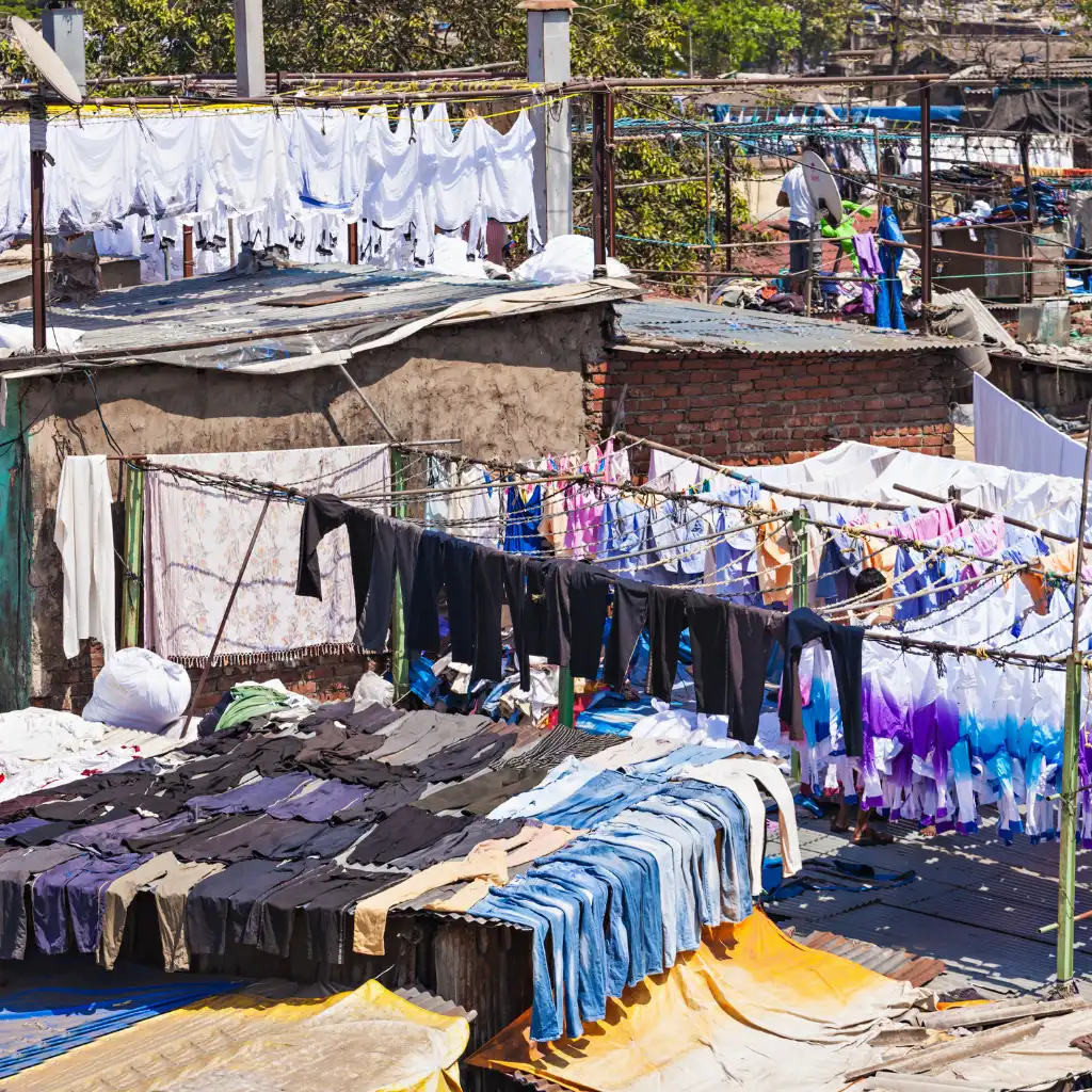 Dhobi Ghat Mumbai laundry drying on lines across rooftops with colorful clothes