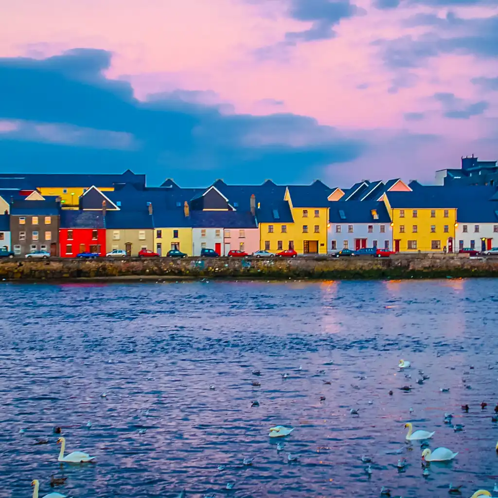 Colorful houses along Galway waterfront at dusk with swans on the river, perfect quick scenic stop