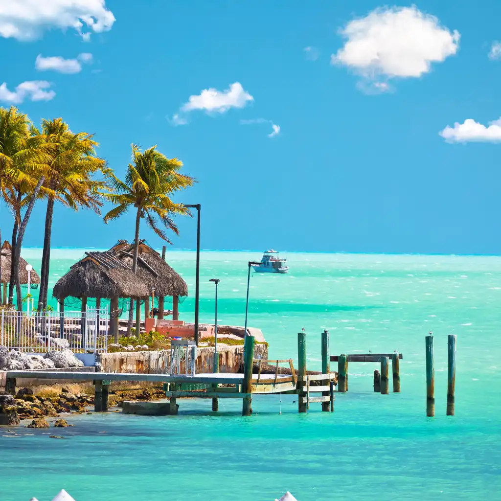 Marathon Florida palm trees and wooden pier on turquoise waters at beach resort