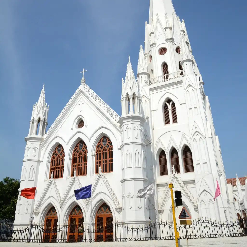 Santhome Cathedral Chennai with white Gothic spires, arched windows and ornate facade