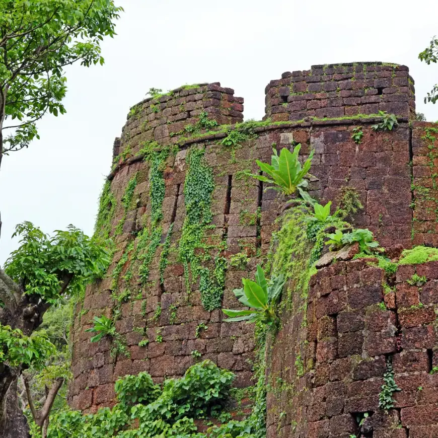 Cabo de Rama Fort Goa stone walls draped in lush green vines and tropical foliage