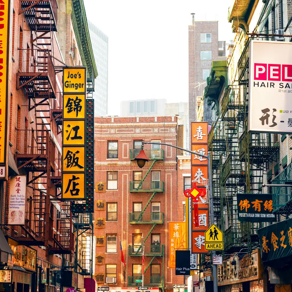 Chinatown New York street with Joe's Ginger sign, bilingual storefronts and fire escapes on brick buildings
