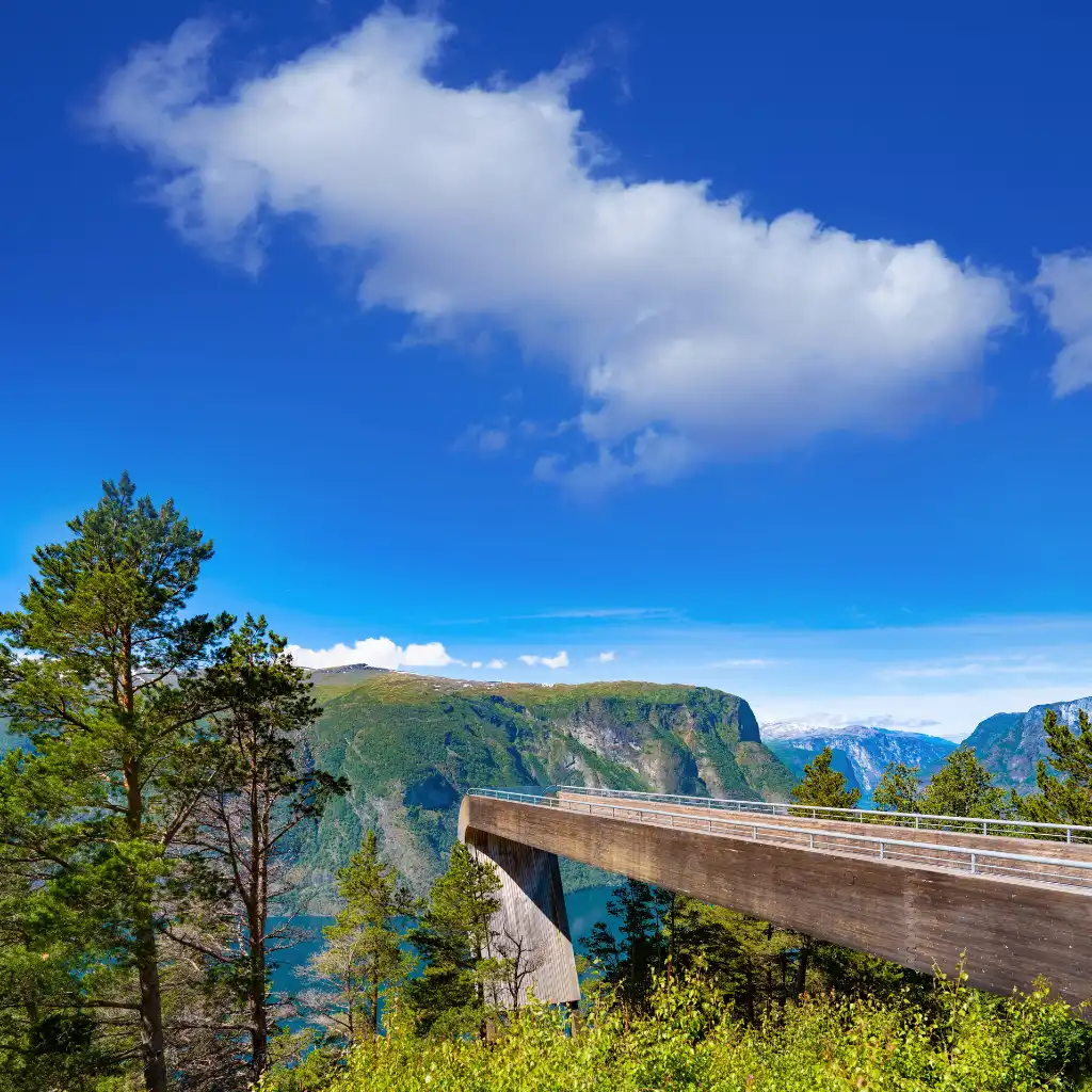 Stegastein Above Aurland, Norway fjord viewpoint bridge with mountain panorama