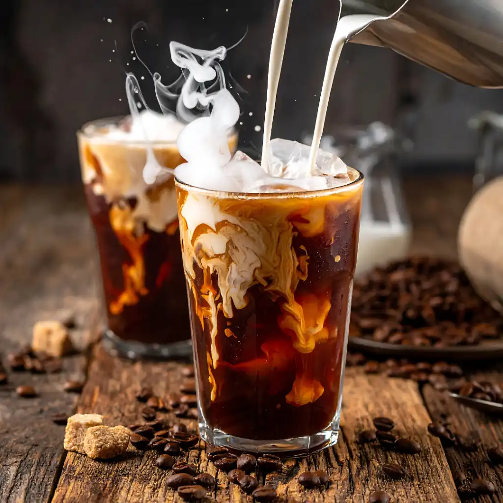 Cold brew in Assagao: iced coffee with milk swirls poured over ice on wooden table with coffee beans