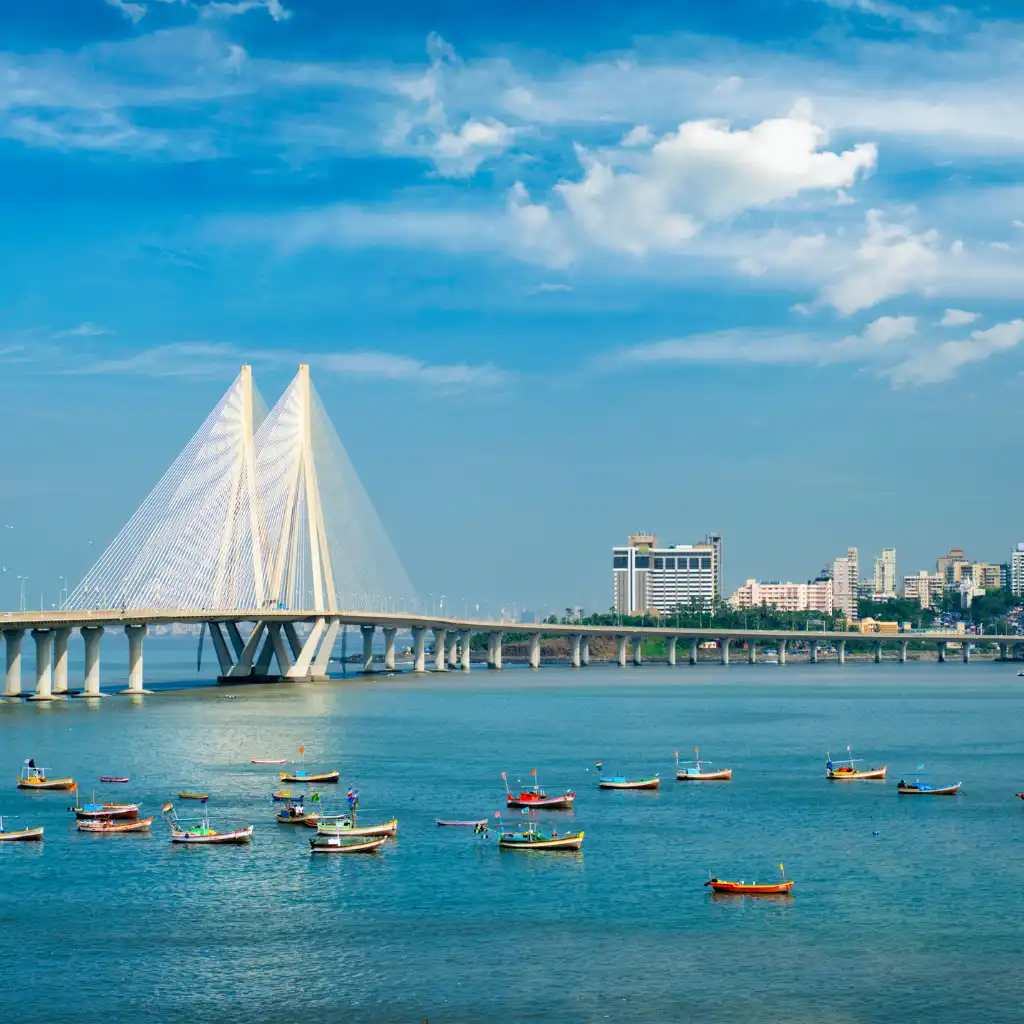 Bandra-Worli Sea Link Mumbai with boats on the water and city skyline beyond