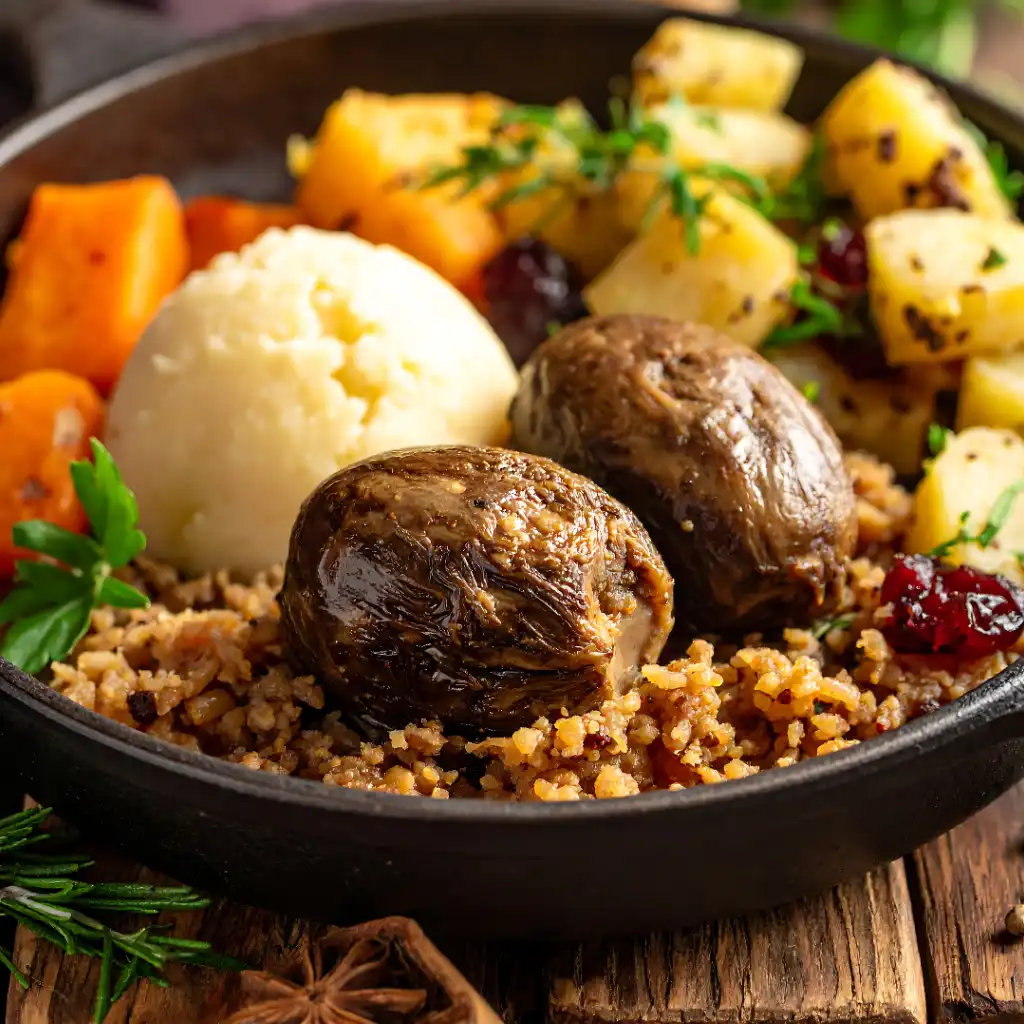 Haggis Dish with mashed potatoes and roasted vegetables on Scotland bucket list