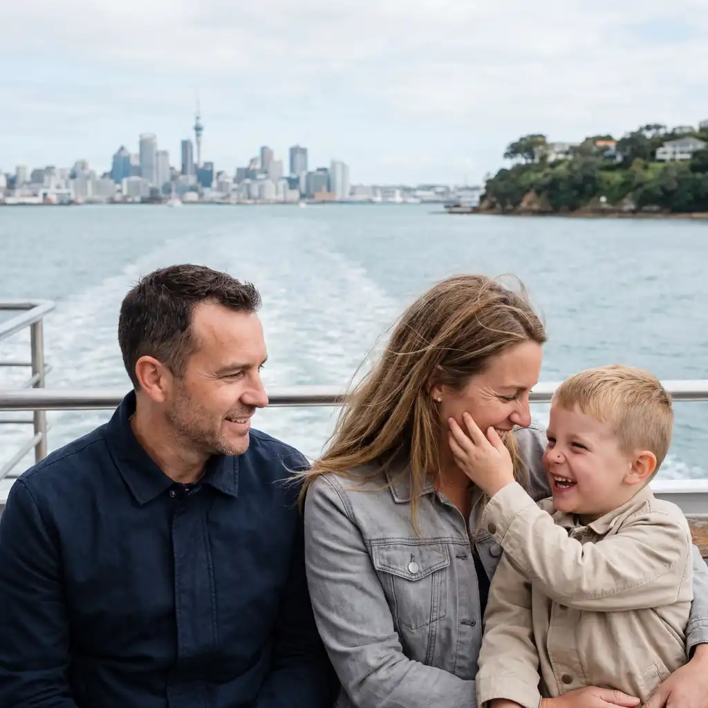 Happy family on ferry in Auckland with skyline views