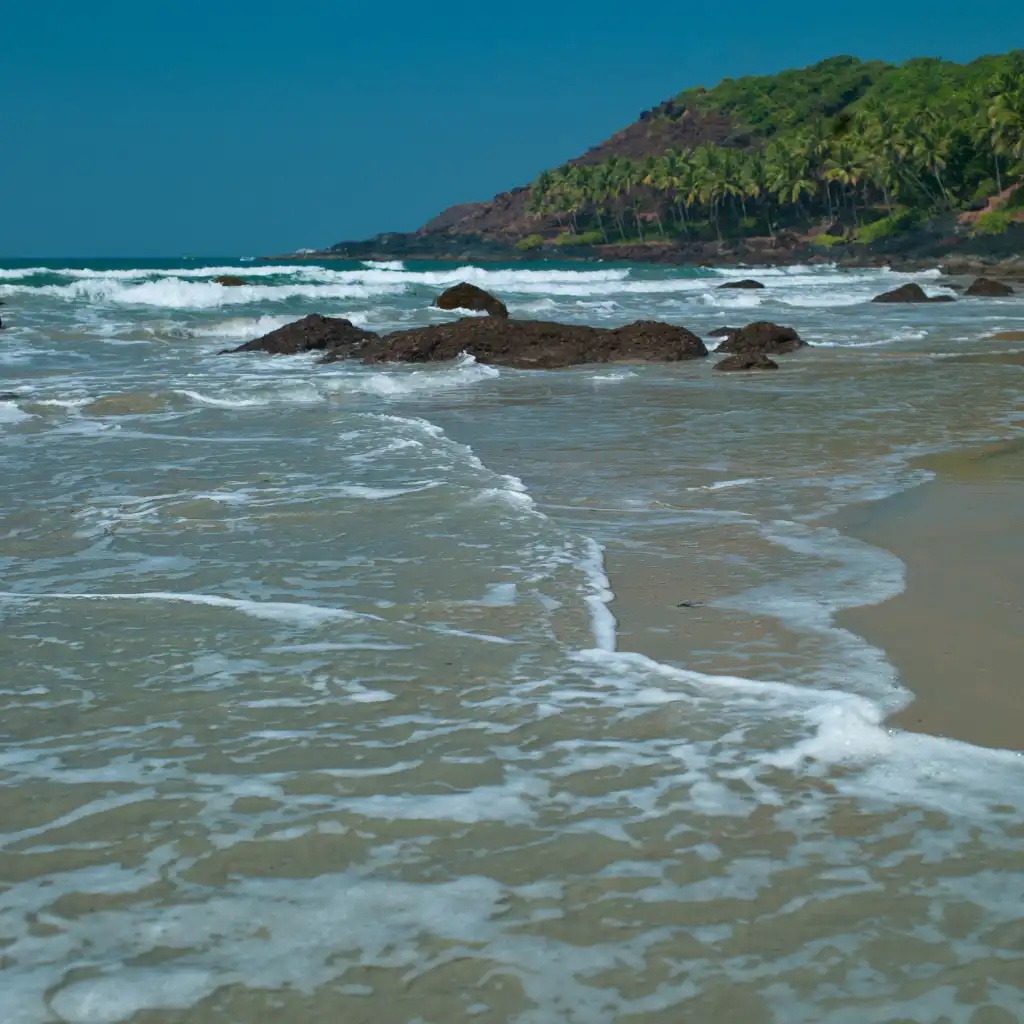 Cola Beach Goa lagoon with foamy waves, rocks and palm-covered green hills
