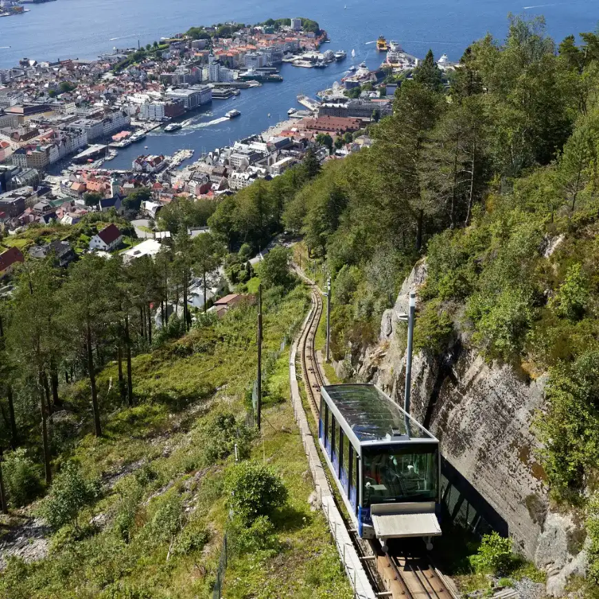Bergen Railway ascending hillside with Bergen city fjord and harbor views, Norway