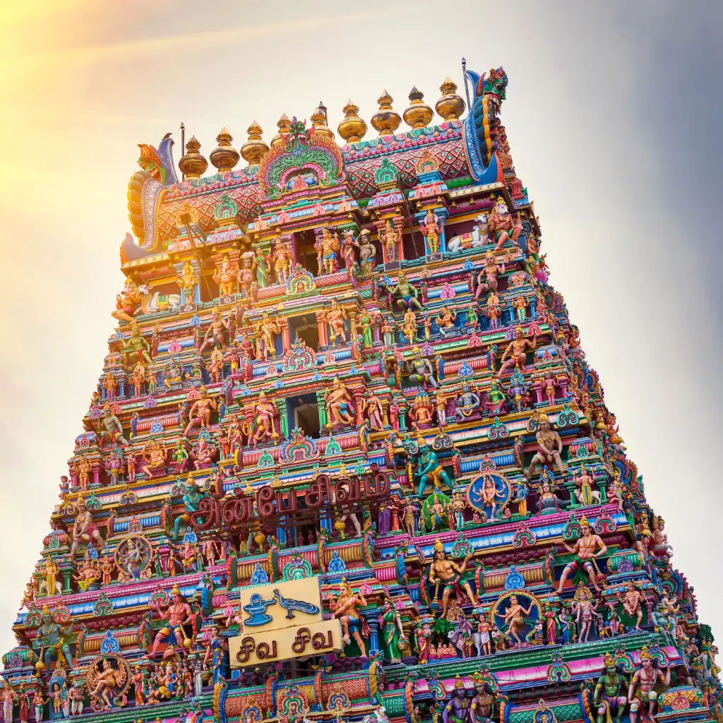 Vibrant gopuram of Kapaleeshwarar Temple Chennai with ornate colorful deity sculptures