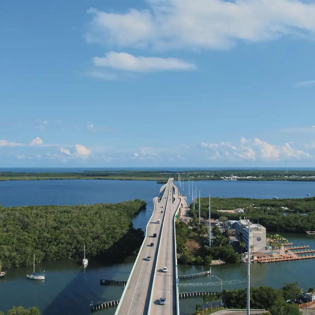 Key Largo Florida bridge over turquoise waters with mangroves on scenic Overseas Highway drive