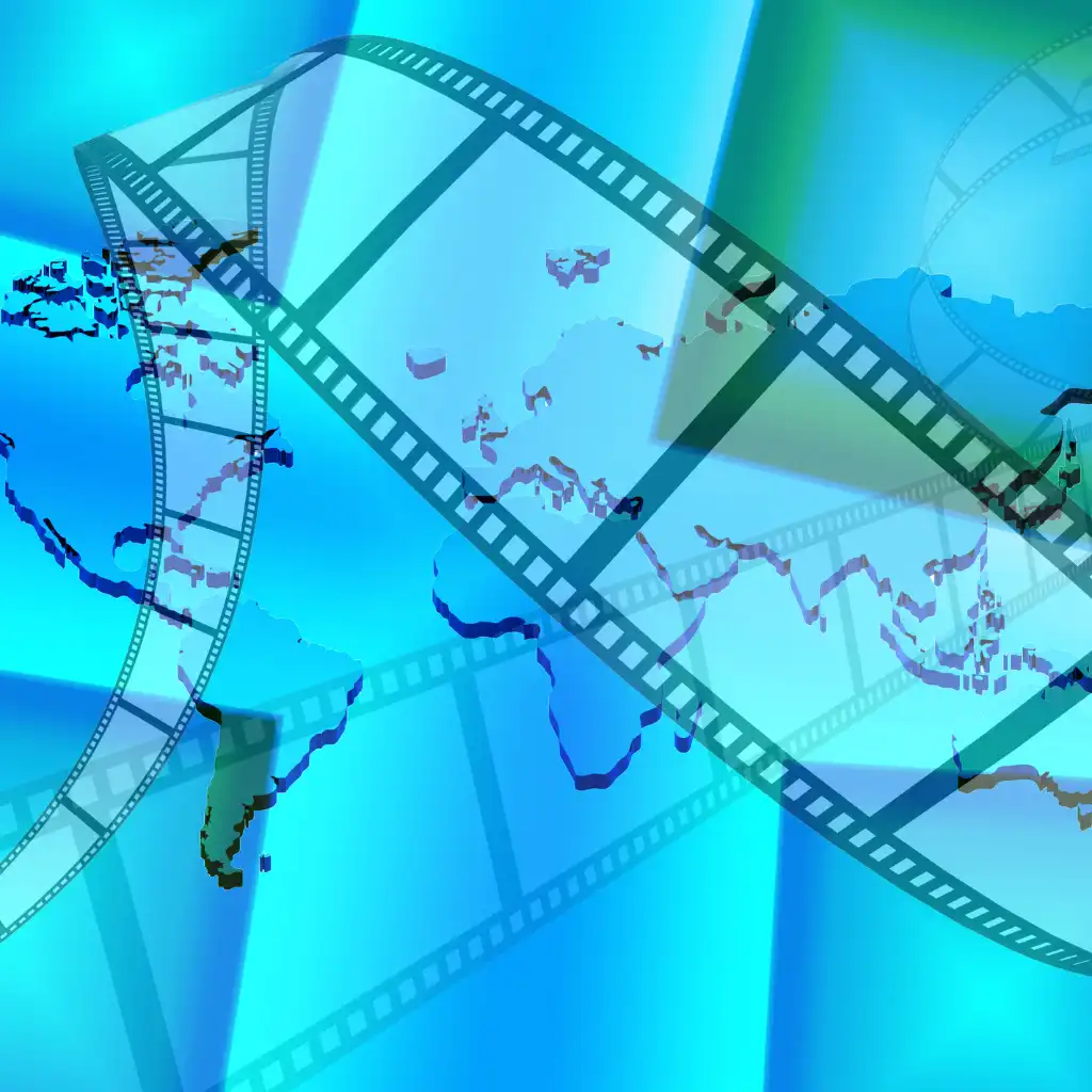 Movie World Gold Coast film strip over world map on blue cinematic background
