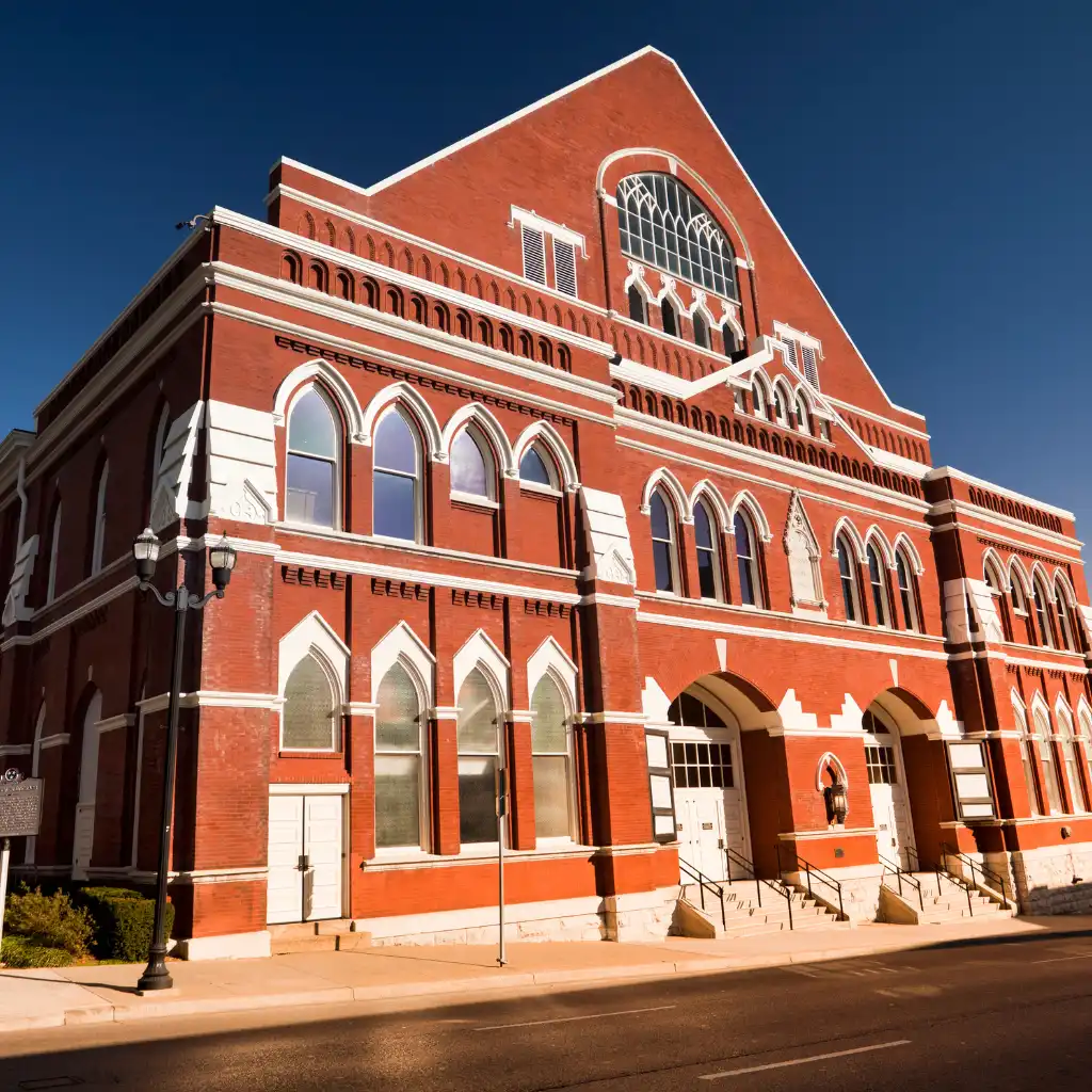 Ryman Auditorium Nashville red brick exterior with arched windows and grand entrance steps