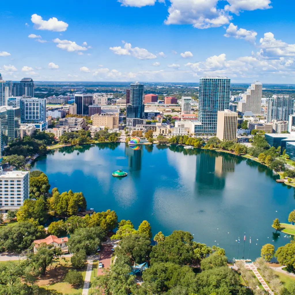 Orlando Florida skyline with downtown lake and parks on sunny day