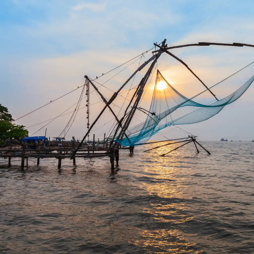 Chinese Fishing Nets in Fort Kochi at sunset with golden water reflections