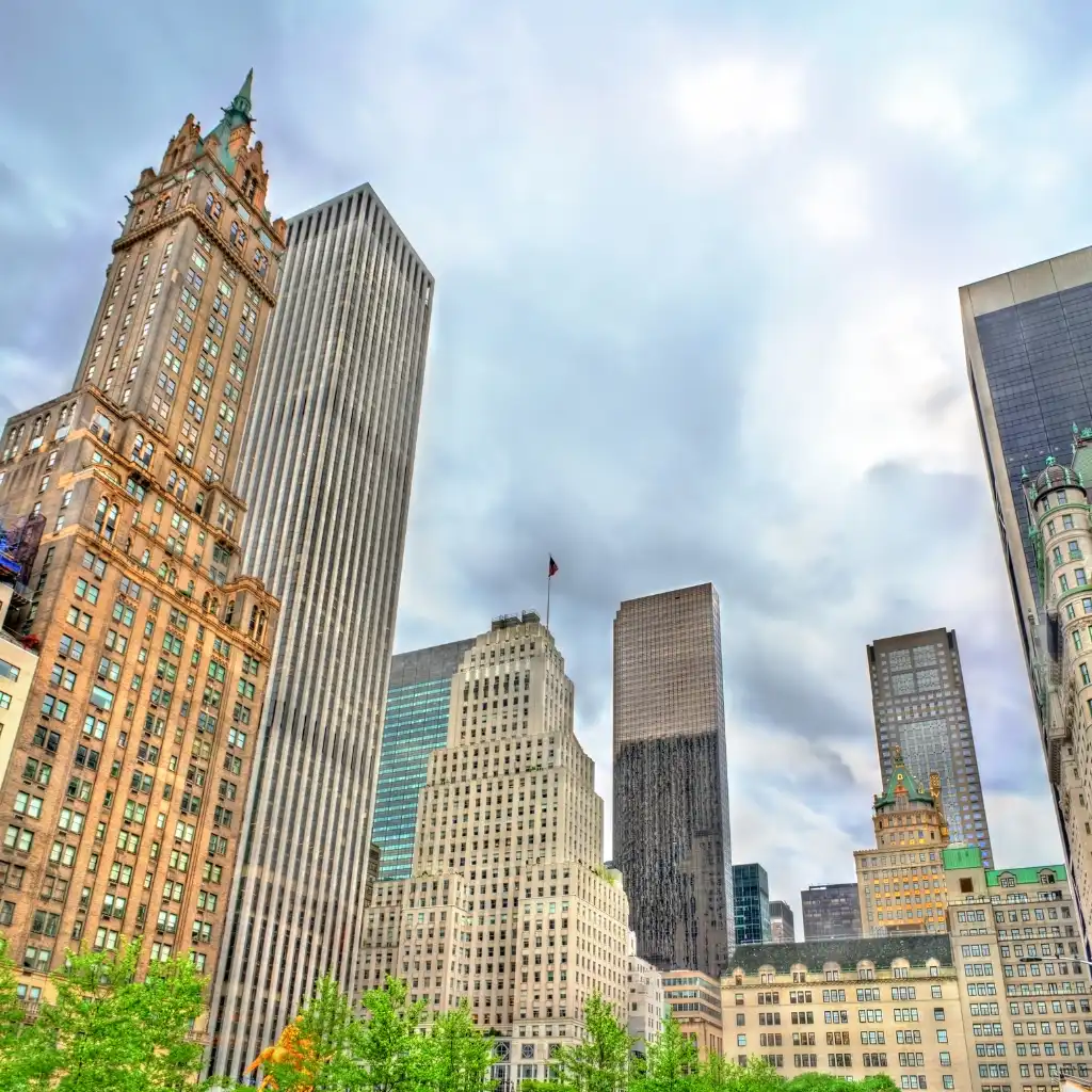 Grand Army Plaza New York skyline with Plaza Hotel and skyscrapers from Central Park