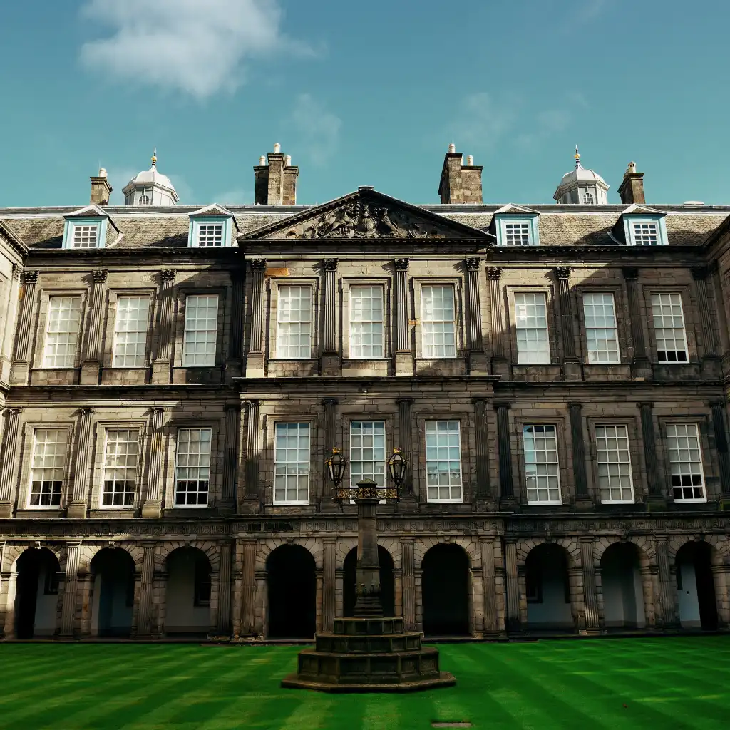 Palace of Holyroodhouse Scotland stone facade with courtyard fountain and arches