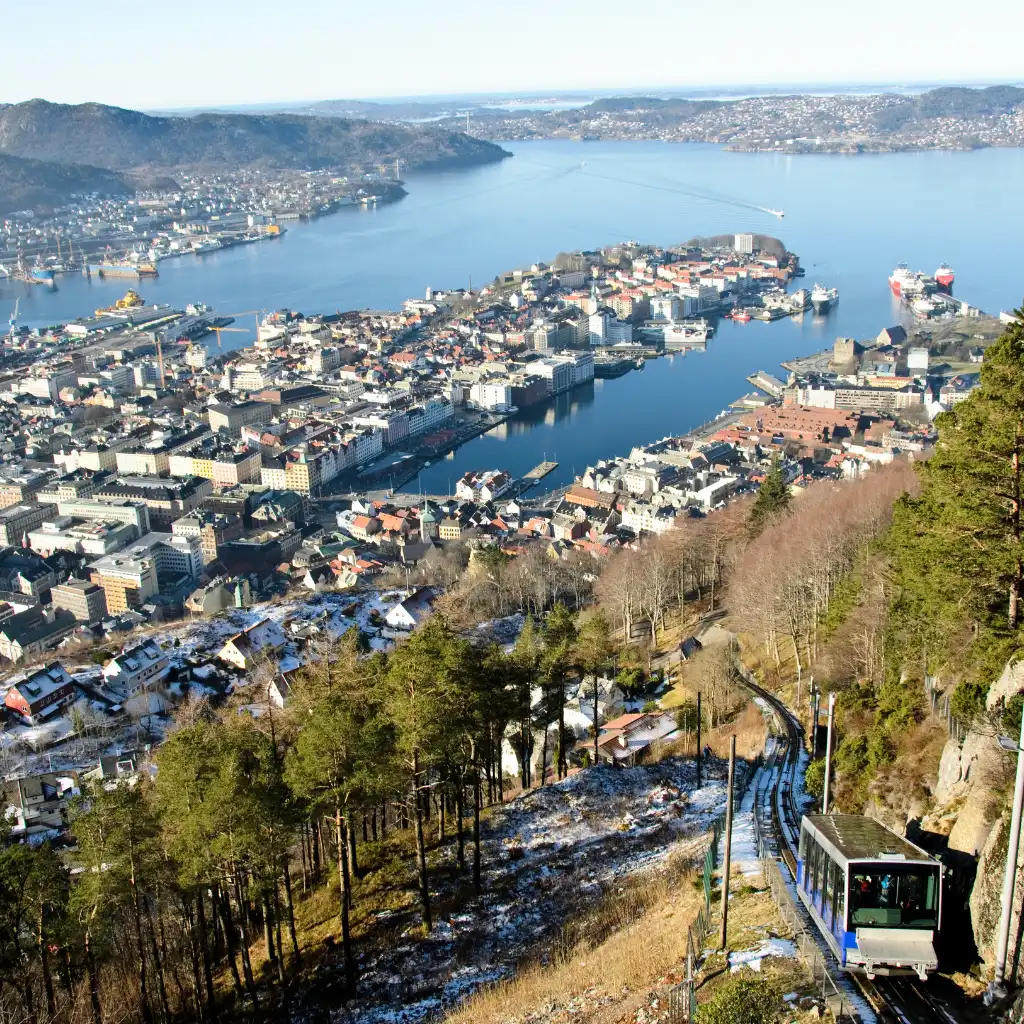 Floibanen funicular overlooking Bergen fjord city and harbor in Norway