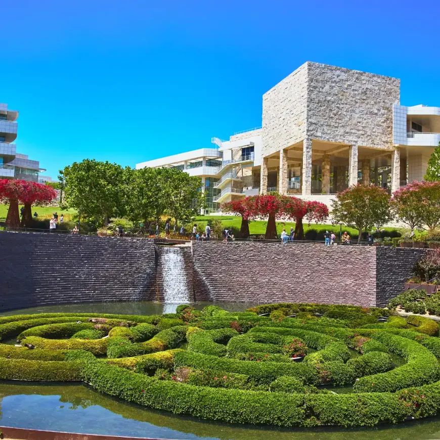 Getty Center, Los Angeles gardens with hedge maze, waterfall and modern stone architecture