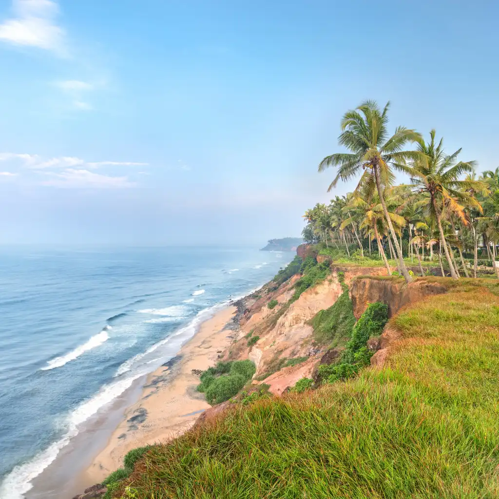 Varkala Cliff Kerala with palm trees overlooking sandy beach and blue ocean waves