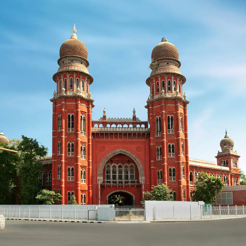 George Town Chennai red landmark with twin domes and grand arched entrance