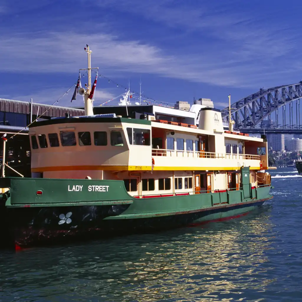 Circular Quay Ferry, Sydney on harbor with Harbour Bridge backdrop for scenic views