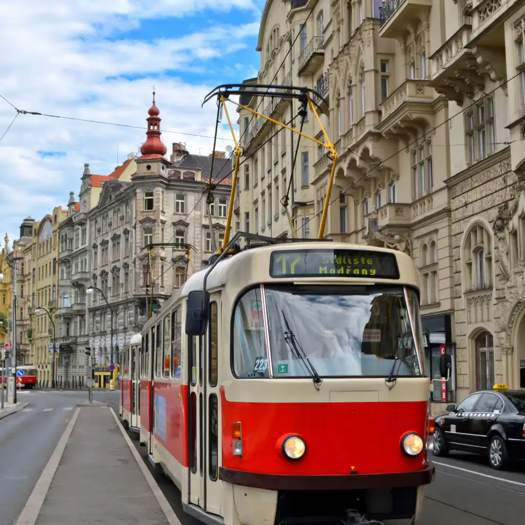 Prague Tram 17 on historic street near Malá Strana castle area