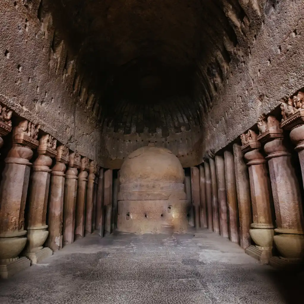 Kanheri Caves Mumbai rock-cut stupa hall with carved pillars in Sanjay Gandhi National Park