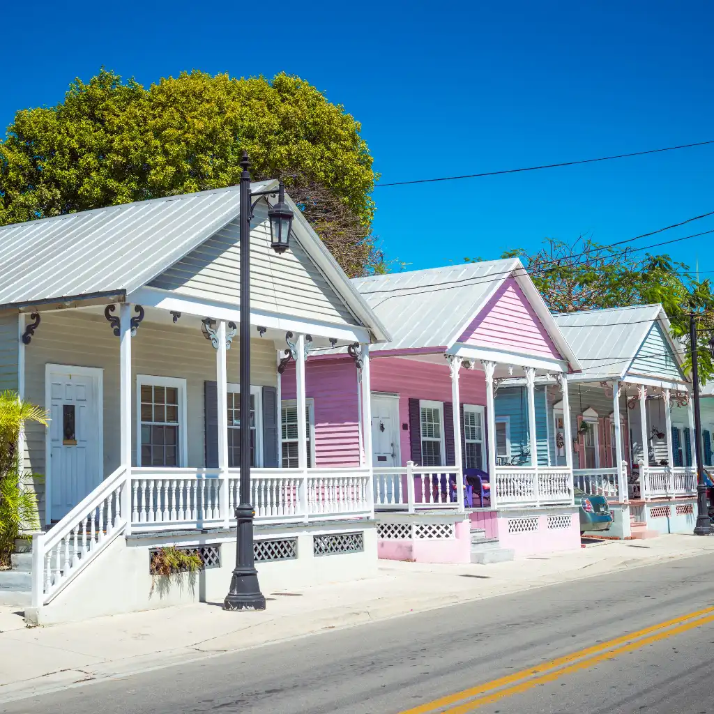 Key West Old Town Florida colorful historic homes with porches on sunny street