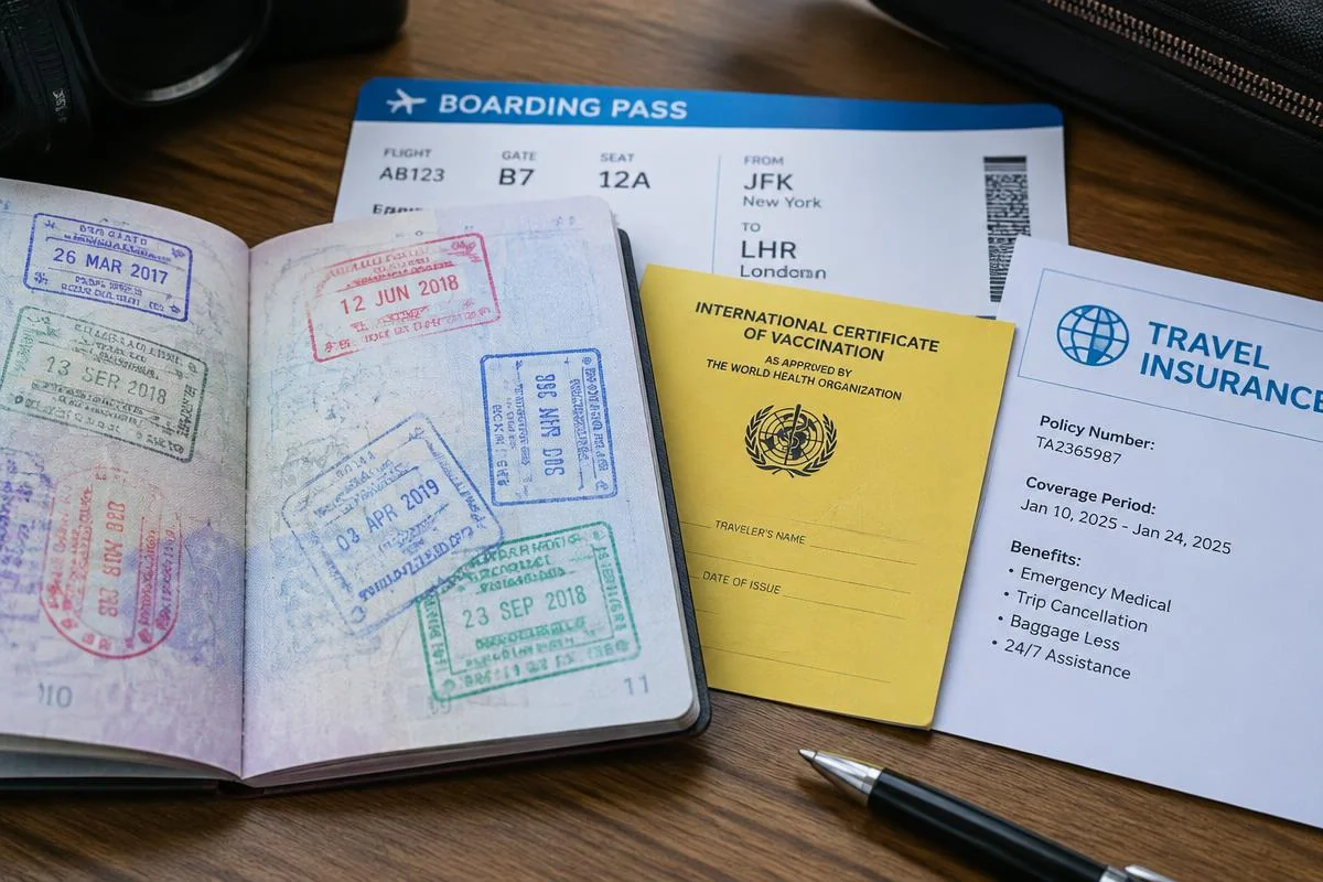 Passport with visa stamps, boarding pass and vaccination card