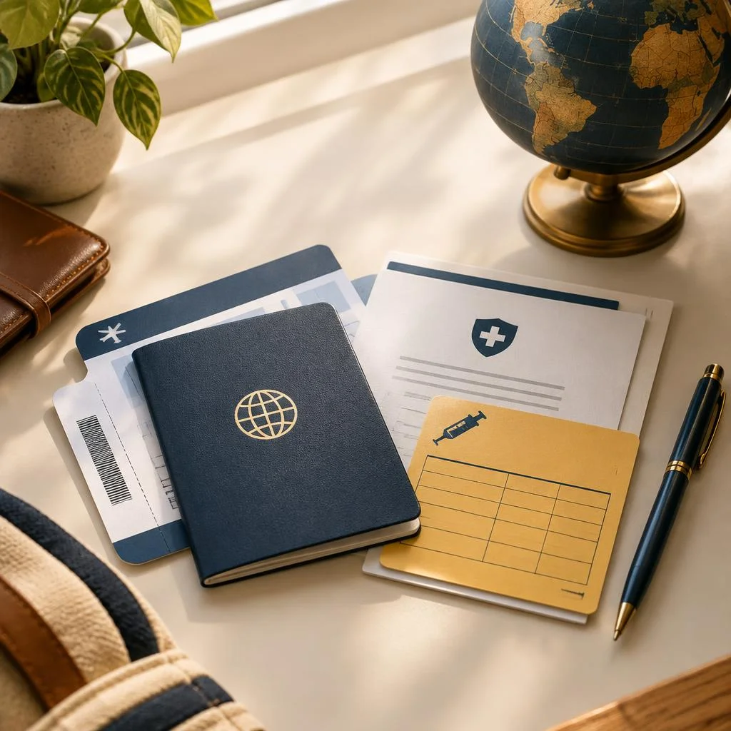 Passport with visa stamps, boarding pass and vaccination card