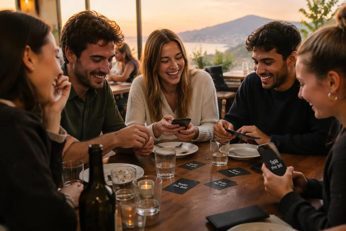 Friends laughing around a restaurant table splitting the bill