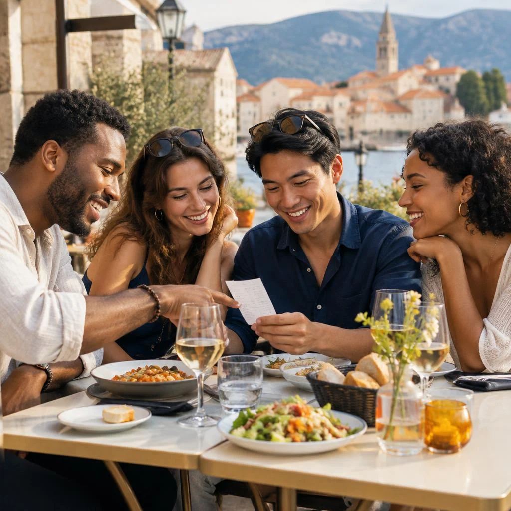 Friends laughing around a restaurant table splitting the bill