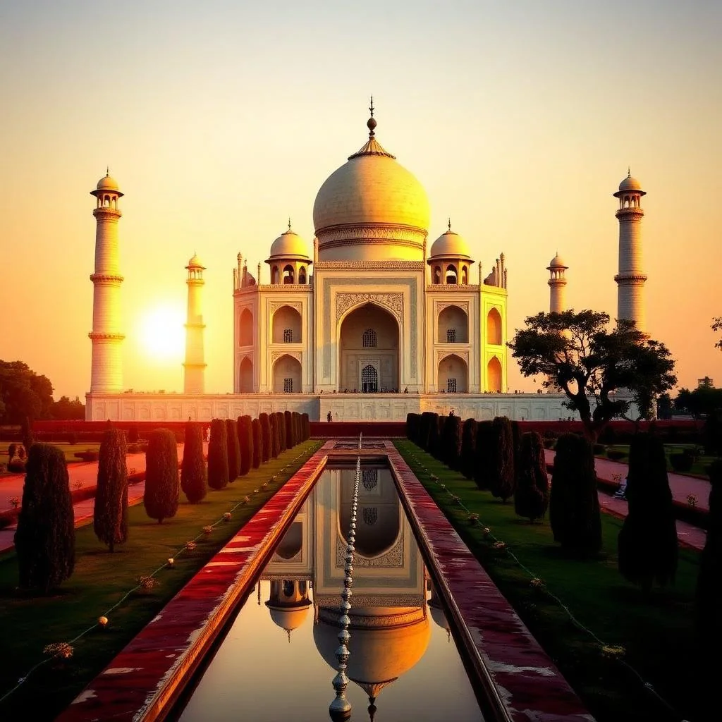 The Taj Mahal in Agra, India glowing at sunrise above its reflecting pool
