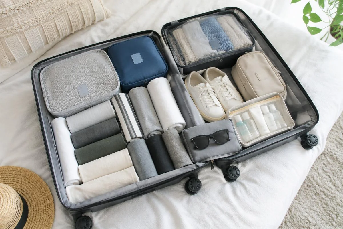 Open suitcase neatly packed with packing cubes and shoes