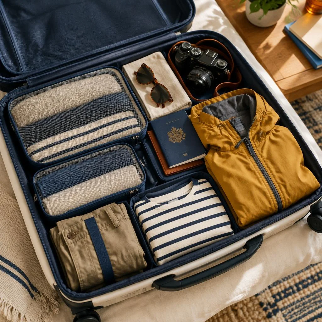 Open suitcase neatly packed with packing cubes and shoes
