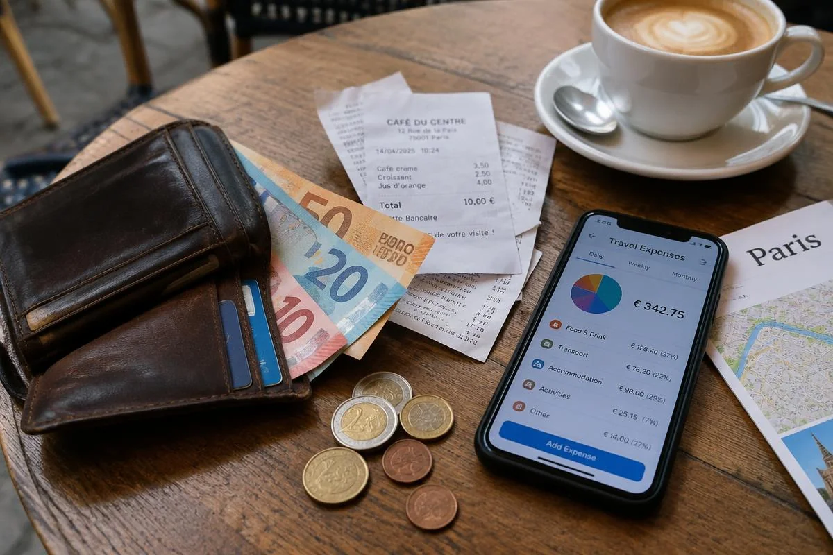 Wallet with banknotes, receipts and a phone on a café table