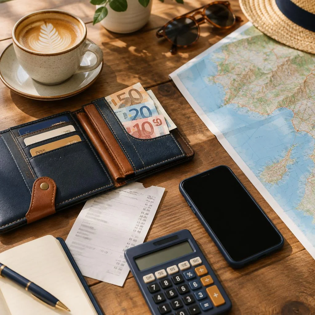 Wallet with banknotes, receipts and a phone on a café table