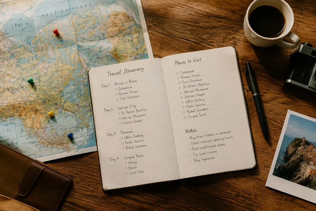 Travel itinerary notebook with a map and pins on a wooden desk
