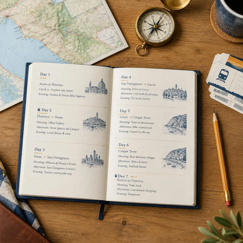 Travel itinerary notebook with a map and pins on a wooden desk
